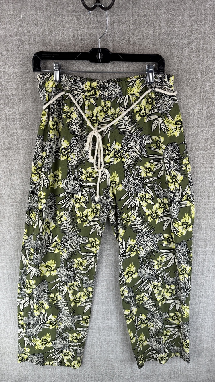 Modern Attraction Pants Womens L Green Hawaiian Jogger Linen Rayon Cheetah Print